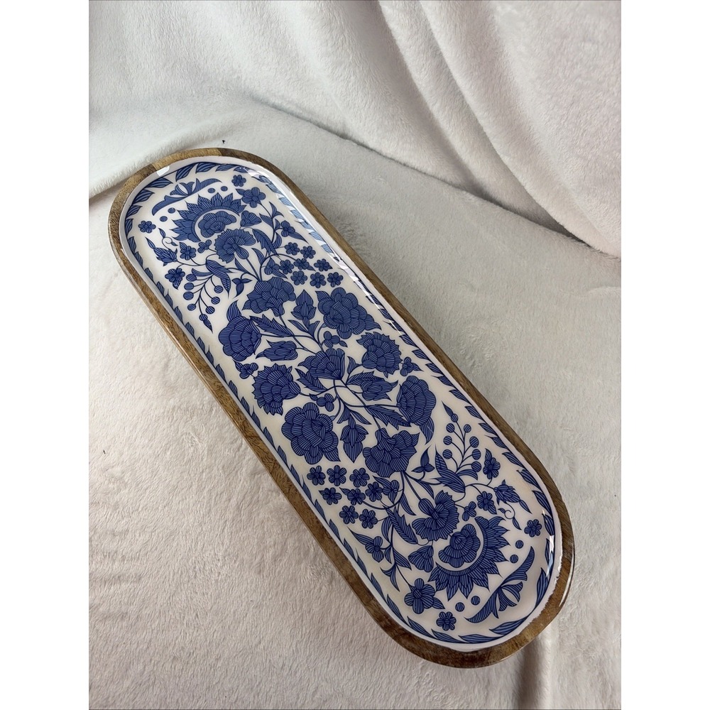 AVA Premium Handcrafted Long Decorative Tray Blue & White Floral Ceramic Inlay